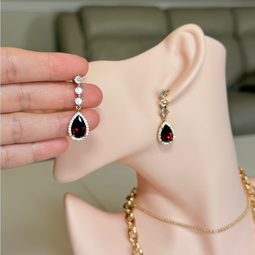 Elegant Gold Drop Earrings with Garnet Red Teardrop Zirconia - Picture 11 of 15